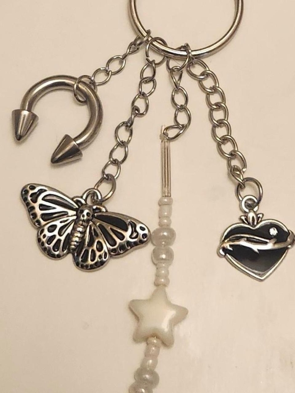 Silver Moth & Heart Keychain with White Beaded Star Charm